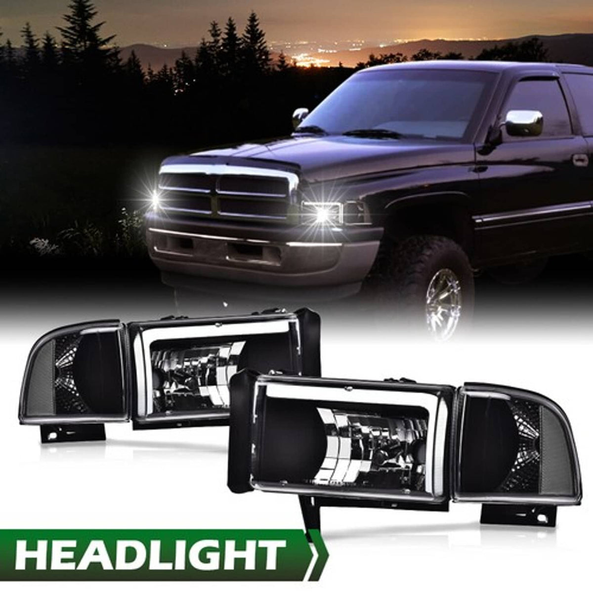 Solid Spare Fit For 94-02 Dodge Ram 1500 2500 3500 LED DRL Clear Corner Black Headlights