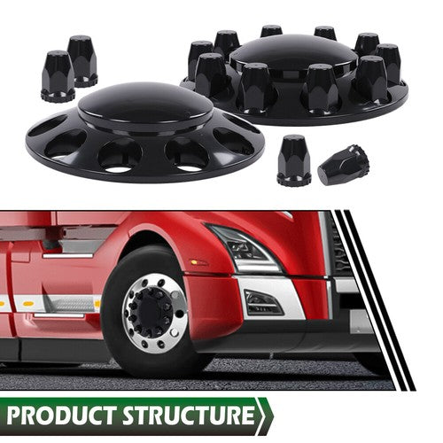 Solid Spare Black Front Axle Wheel Cover w/ Hub Cap 33mm Lug Nuts For Semi Truck Set of 2