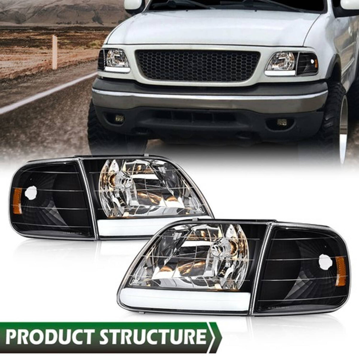 Solid Spare Fit For 97-03 Ford F150/99-02 Expedition LED Tube Headlights+Corner Lights Black