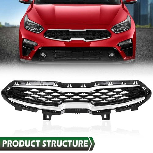 Solid Spare Fit For 2019 2020 Kia Forte Black Front Bumper Upper Grille Grill w/ Chrome Trim