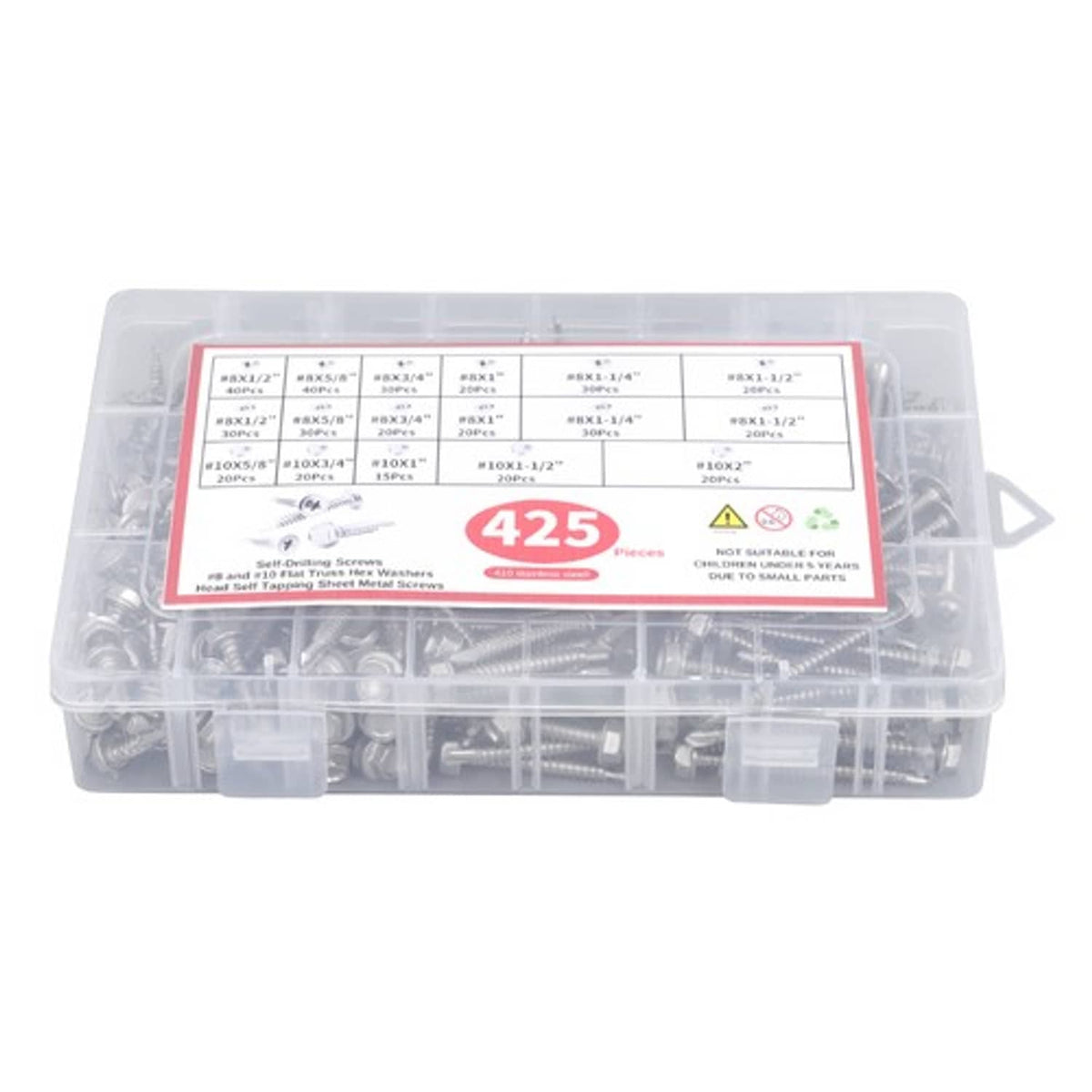 Solid Spare 410 Stainless Steel Self Tapping Screws for Metal, 425PCS #8#10 Assortment Set