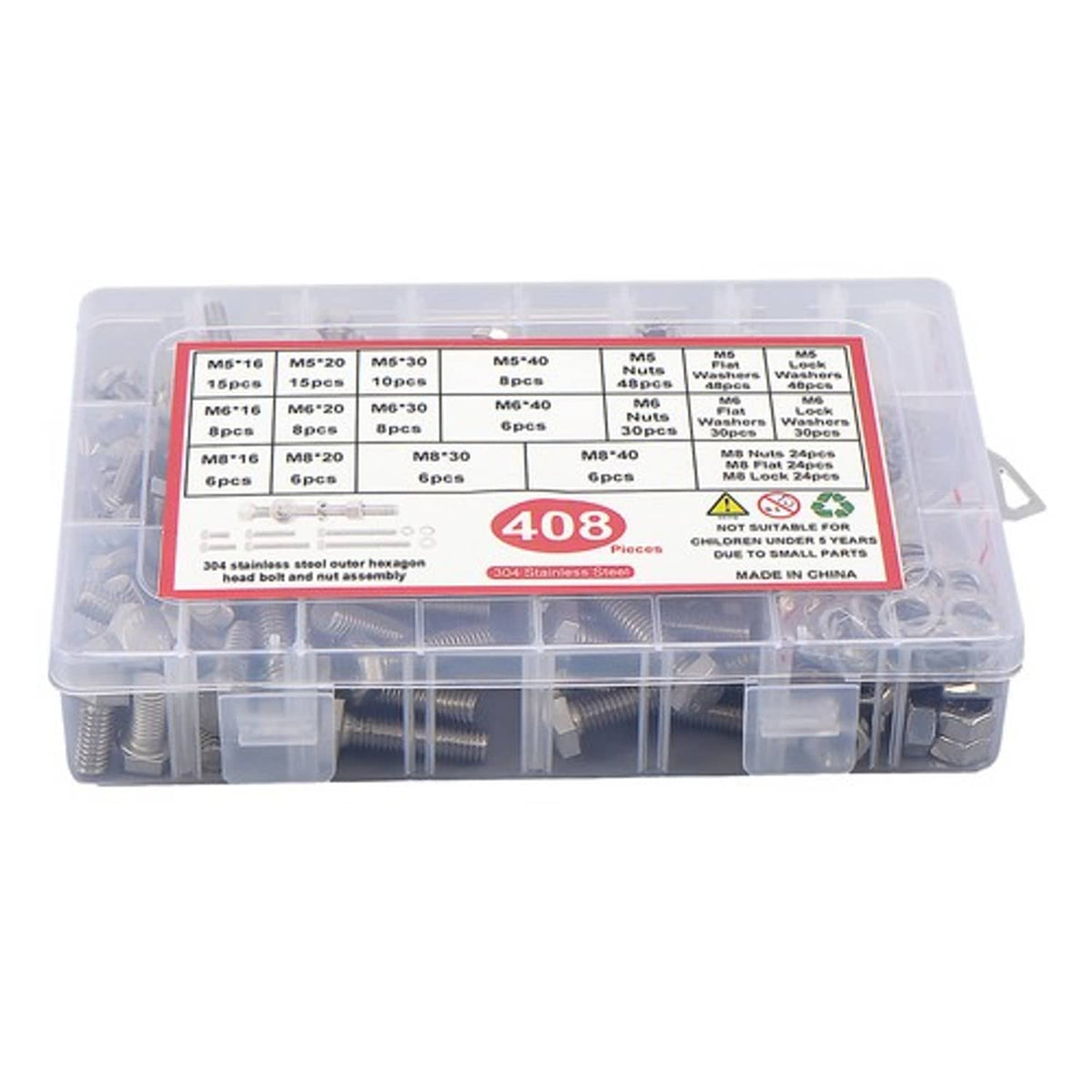 Solid Spare M5 M6 M8 Bolts and Nuts Flat & Lock Washers Combination Kit 408 Pack