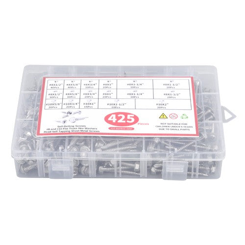 Solid Spare 425PC 410 Stainless Steel Self-Tapping Screws #8 #10 Self-Drilling Set