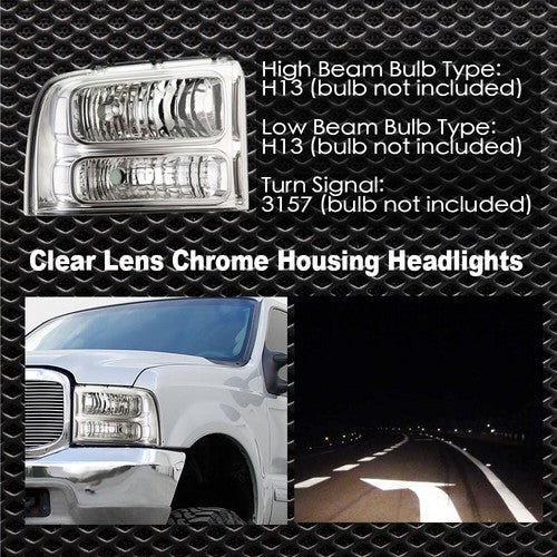 Solid Spare Clear Corner Chrome Headlights Fit For 2005-2007 Ford F-250 F-350 Super Duty