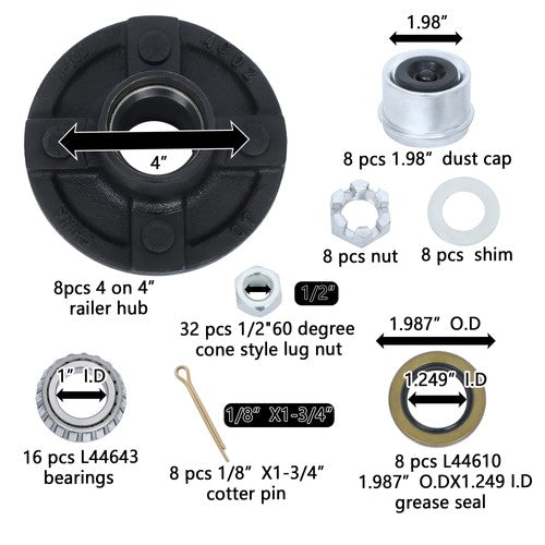 Solid Spare With Trailer Bearing Kit 8 Sets 4 on 4" Trailer Hub Kit And 1" Round BT8 Spindle