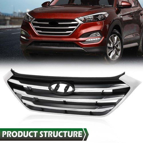Solid Spare Fit For 2016-2018 Hyundai Tucson Front Bumper Upper Grille Grill w/ Chrome Trim