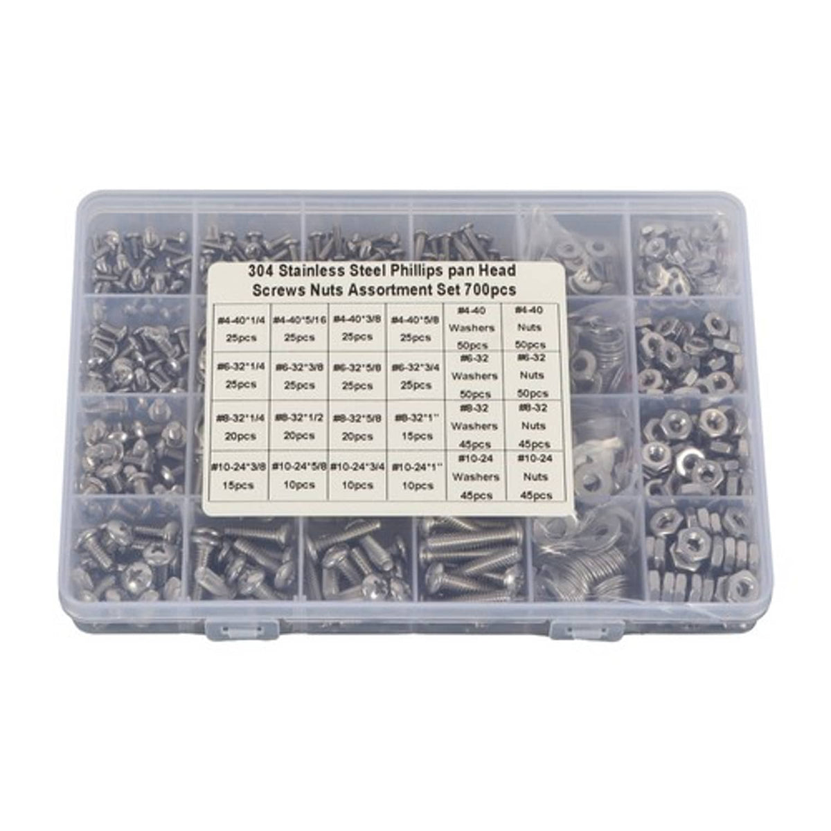 Solid Spare Phillips Pan Head Screw Assortment, 700 Pcs 4-40 #6-32 #8-32 #10-24 with Nuts