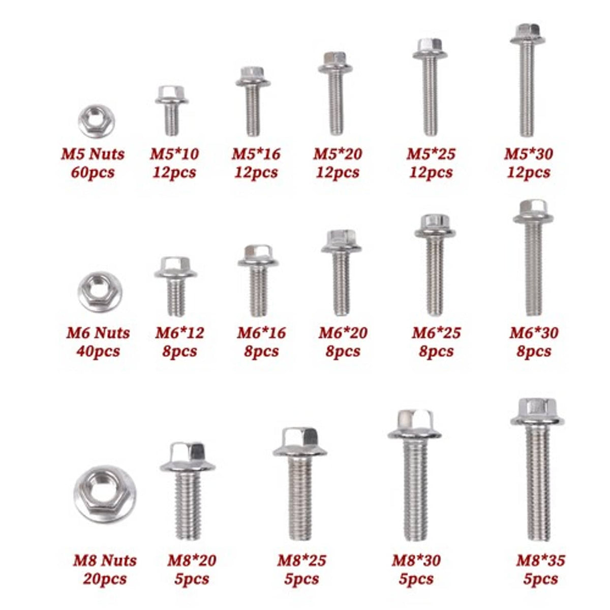 Solid Spare 240 pieces of M5, M6, M8 Flanged 304 Stainless Steel Bolts and Nuts Kit