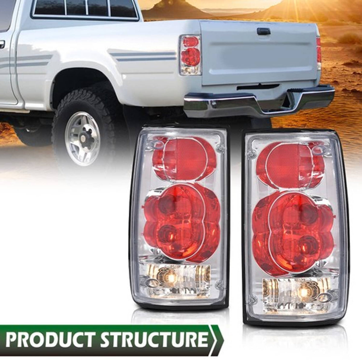 Solid Spare Fit For 1989-1995 Toyota Pickup Red/Chrome Tail Lights Brake Lamps Left+Right