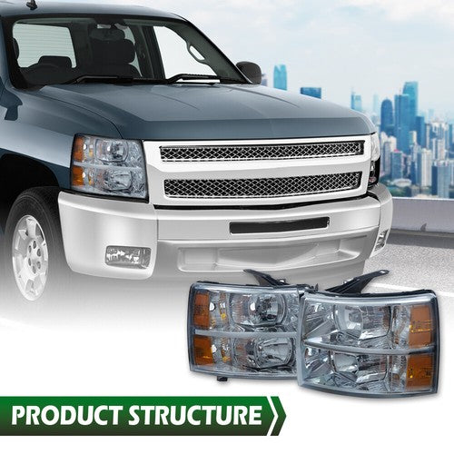 Solid Spare Smoke Lens Chrome Headlights Fit For 2007-2014 Chevy Silverado 1500 2500 3500