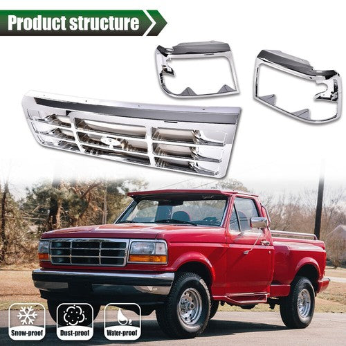 Solid Spare Front Grille+Headlight Trim Bezel Chrome Set Fit For 1992-1996 Ford Bronco F150