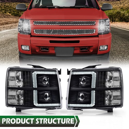 Solid Spare Fit For 07-13 Chevy Silverado 1500/2500/3500 LED Projector Headlights Black