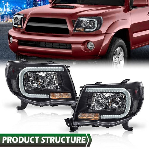 Solid Spare Fit For 2005-2011 Toyota Tacoma Black LED Tube DRL Headlights Headlamps Pair