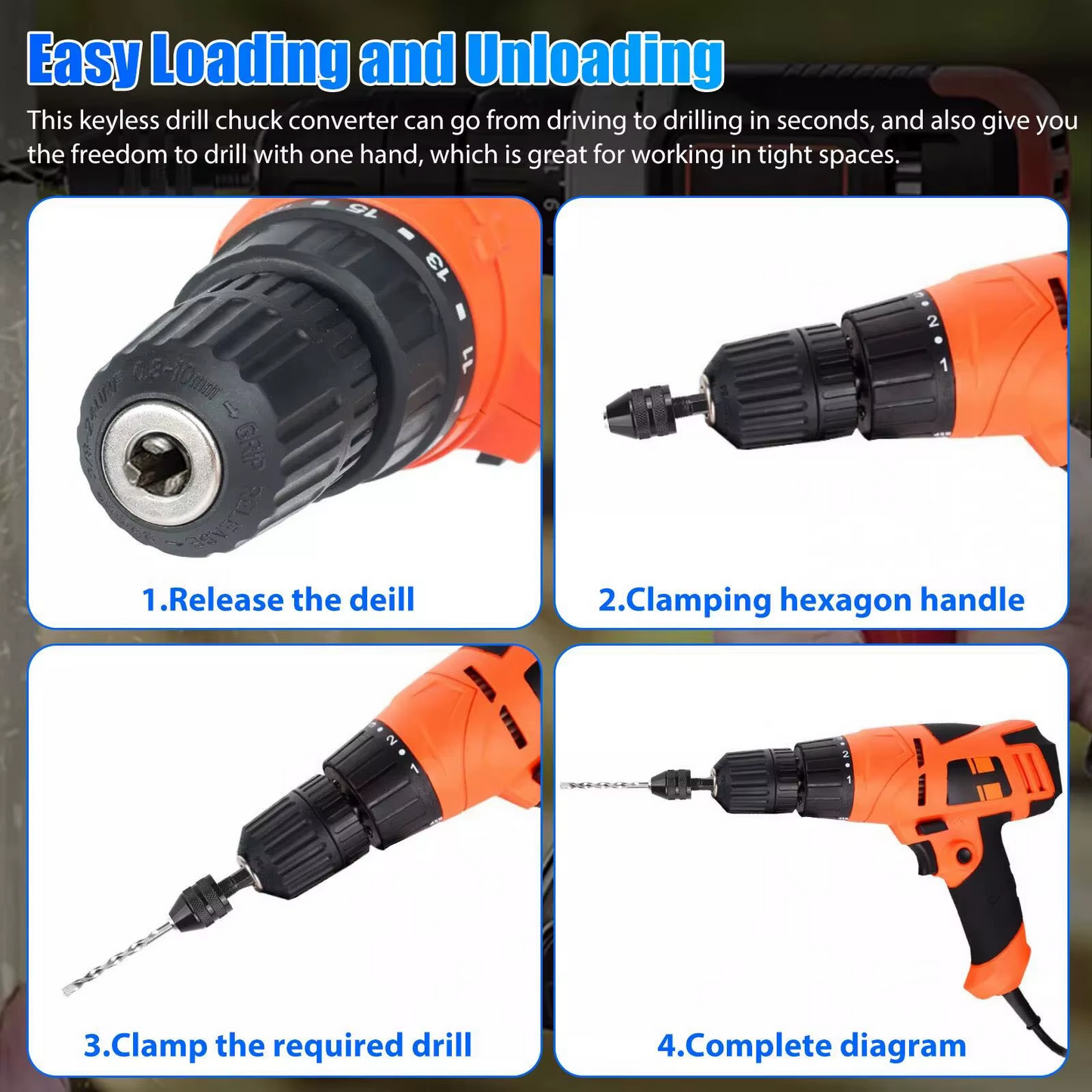 4x 1/4" Hex Shank Keyless Drill Chuck Conversion Adapter Bit Quick Change Driver