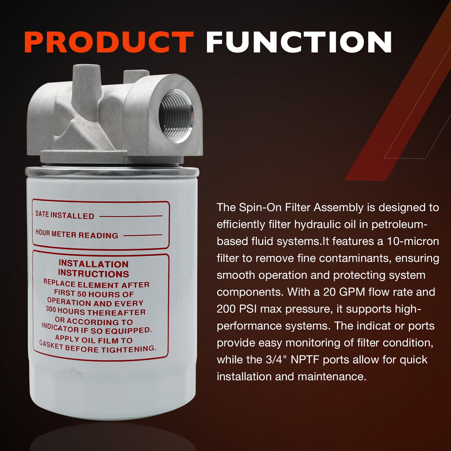 3/4"NPTF Oil Filter w/ 10 Micron Hydraulic For Tractors Log Splitters CP-752-10