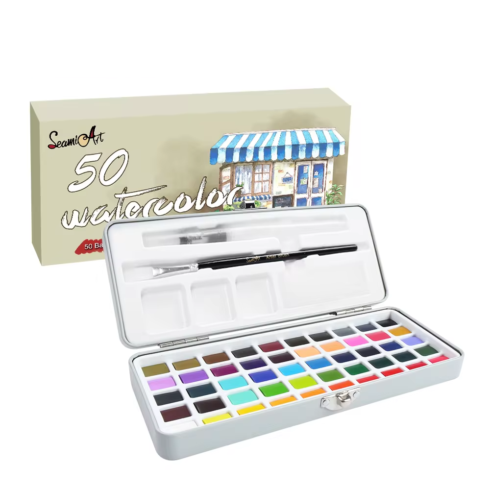 Professional 50 Colors Watercolor Paint Draw Painting + Water Brush Pigments Set