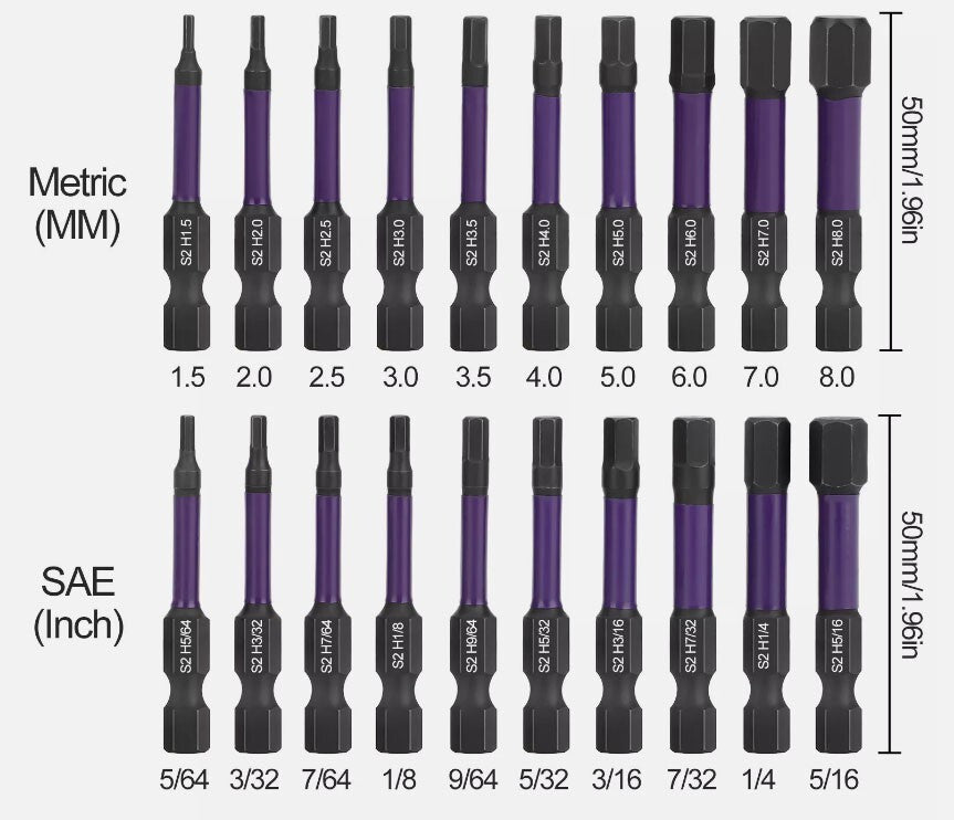 20pcs (Metric&SAE) S2 Steel Allen Wrench Hex Magnetic Drill Bits 1/4" Hex Shank