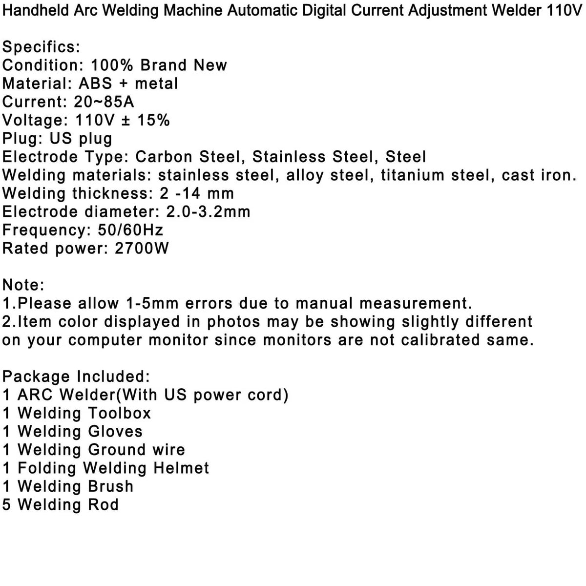 Solid Spare Handheld 110V Arc Electric Welder Digital Intelligent Welding Machine Kit 2700W