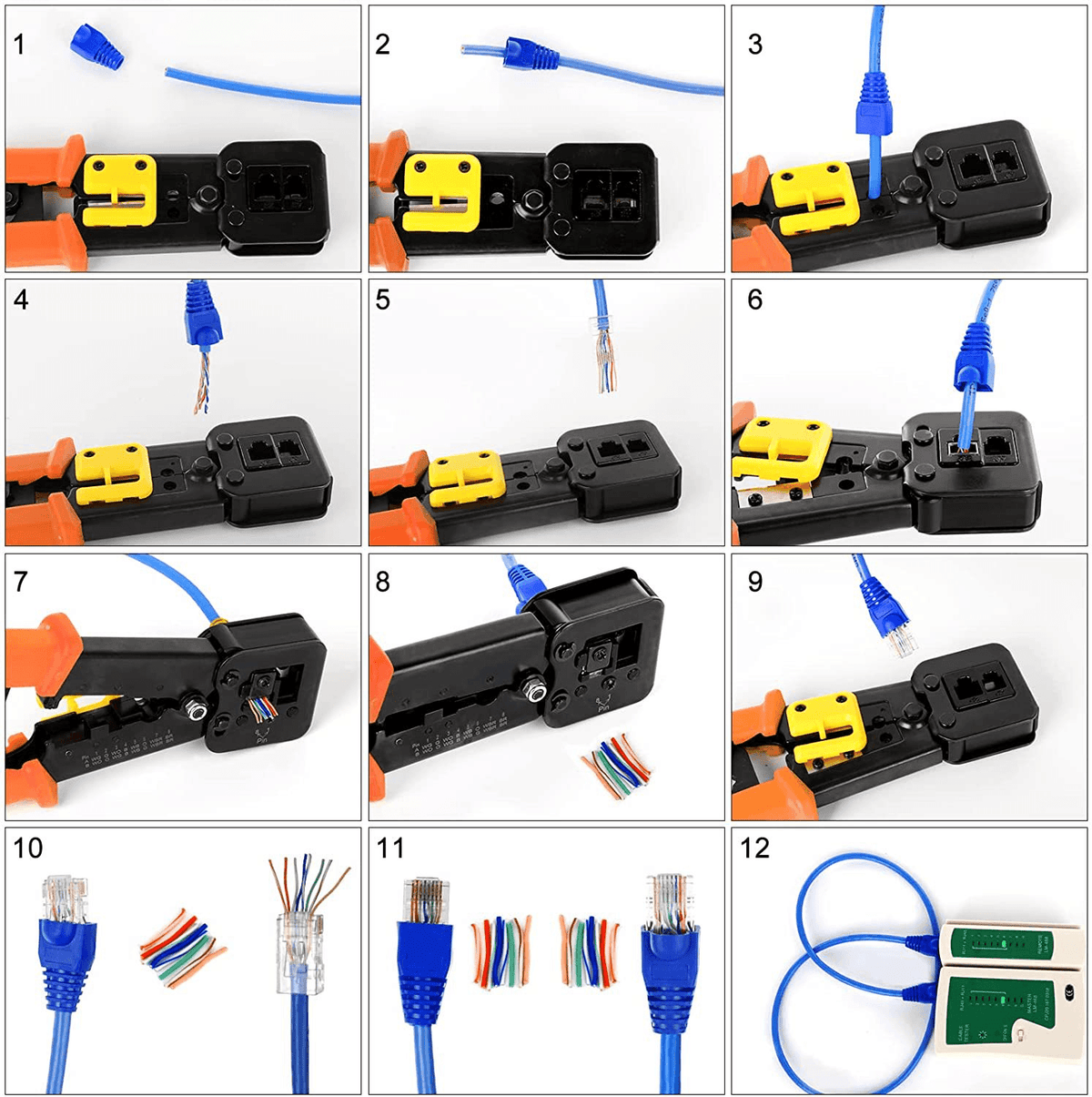 Solid Spare RJ45 Crimp Tool Pass Through Cat5 Cat5e Cat6 Crimping Tool for RJ45/RJ12 Regular