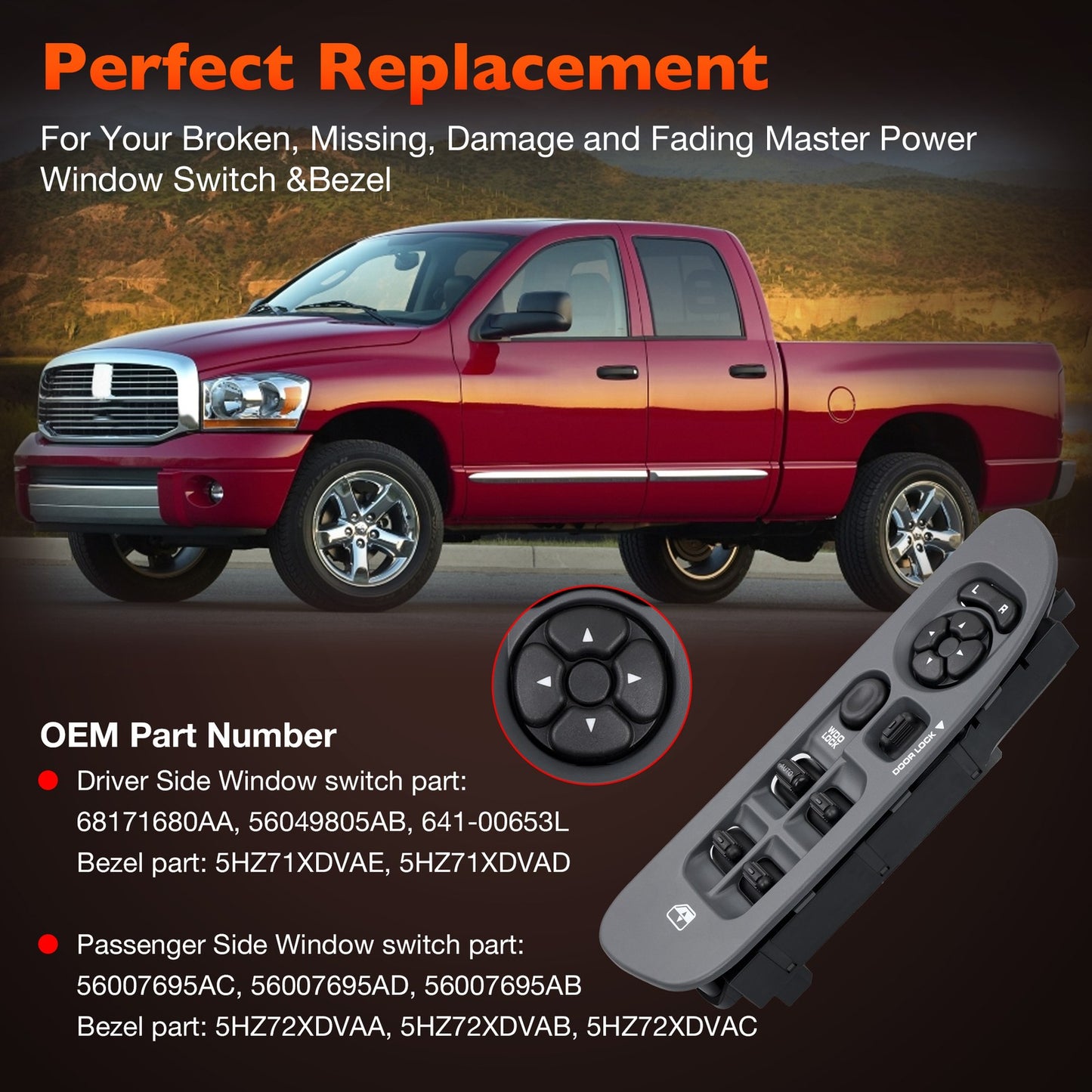 Power Window Door Lock Mirror Switch LH RH w/ Bezel Kit For 01-09 Dodge Ram 1500