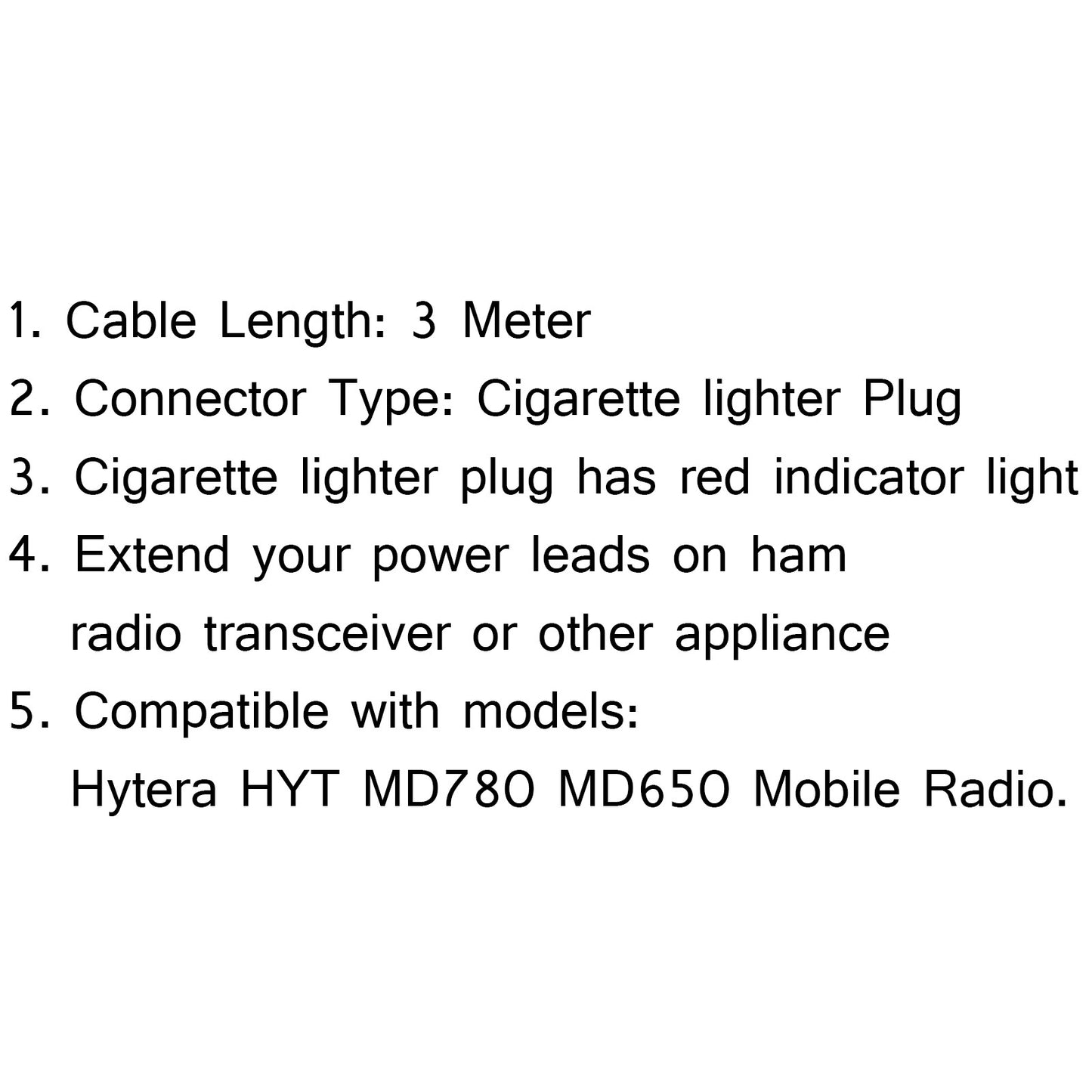 5Pc 12V DC Power Cable Cord For Hytera HYT MD780 MD650 Radio 3m Mobile Radio