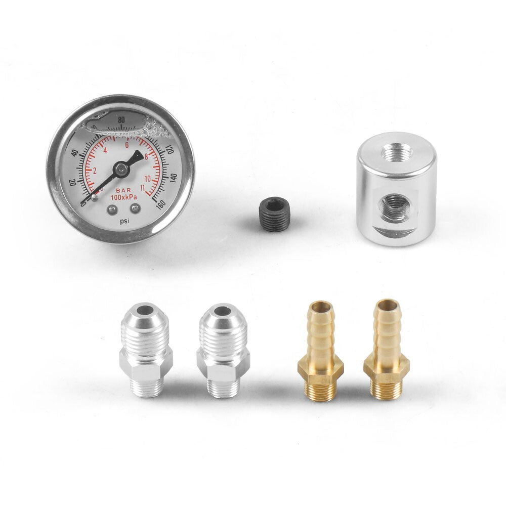 Universal 1/8 NPT Fuel Pressure Regulator Gauge Liquid Filled Polished+Adapter