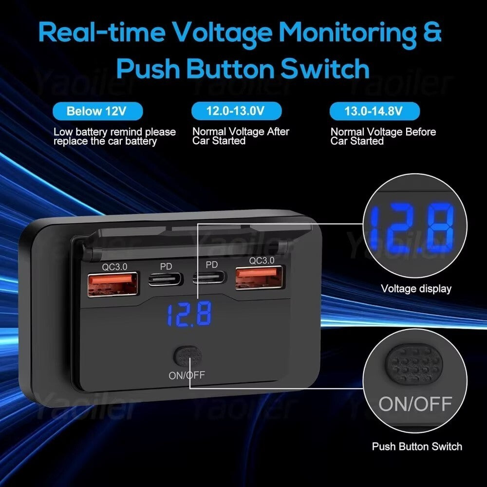 Fast USB Car Charger Socket Panel LED Voltmeter QC3.0 & PD Power Outlet 12-24V