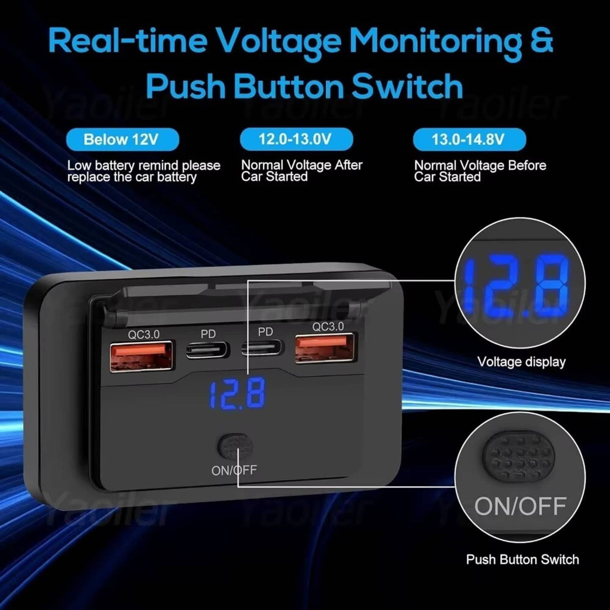 Solid Spare Fast USB Car Charger Socket Panel LED Voltmeter QC3.0 & PD Power Outlet 12-24V