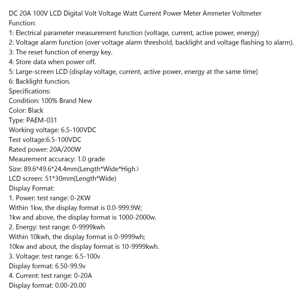 Solid Spare DC 20A 100V LCD Digital Volt Voltage Watt Current Power Meter Ammeter Voltmeter
