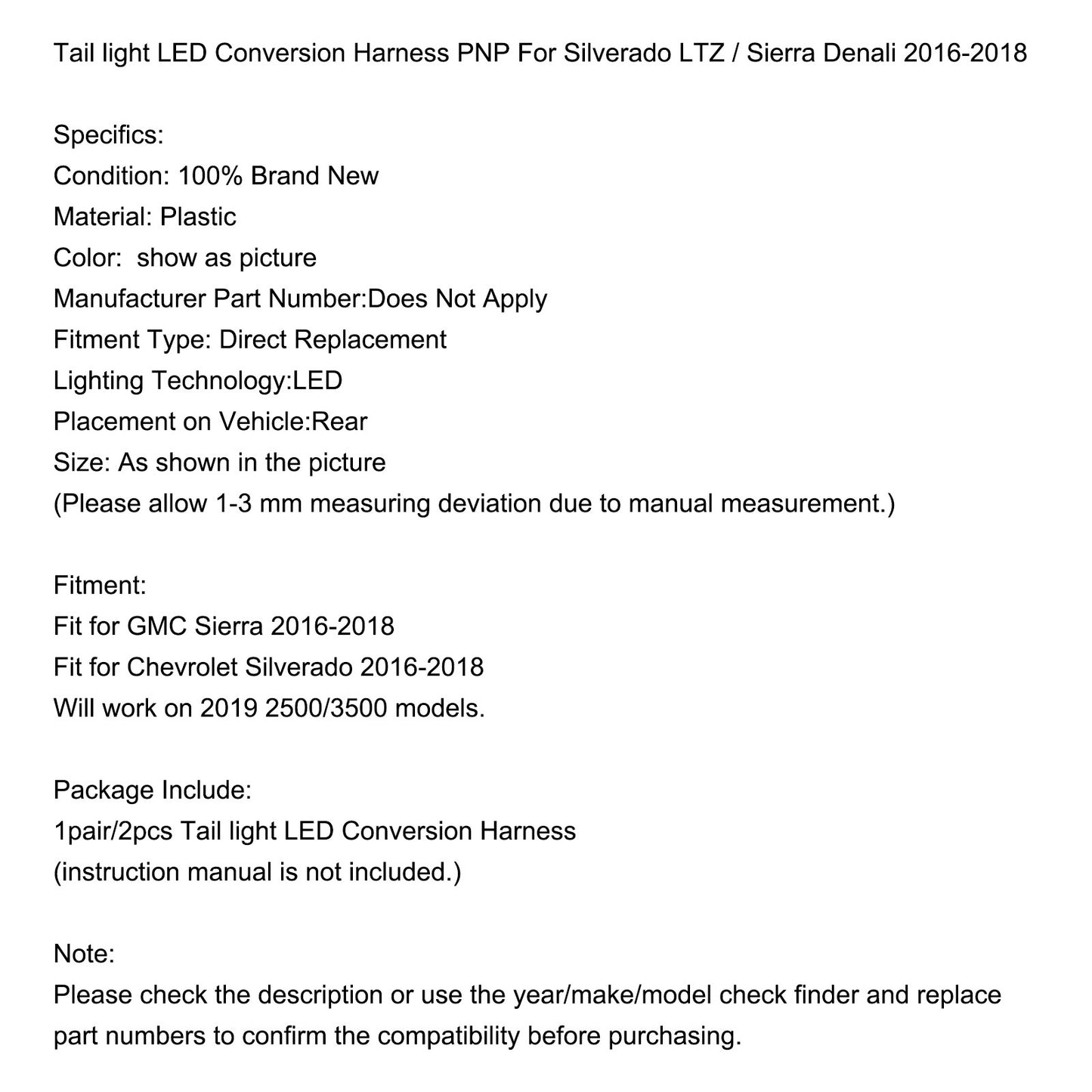 ??Tail light LED Conversion Harness PNP For Silverado LTZ Sierra Denali 16-2018