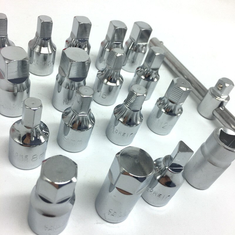Oil Drain Pipe Plug Hexagon Square Socket Key Removal Tool Set 18Pcs 3/8''Drive