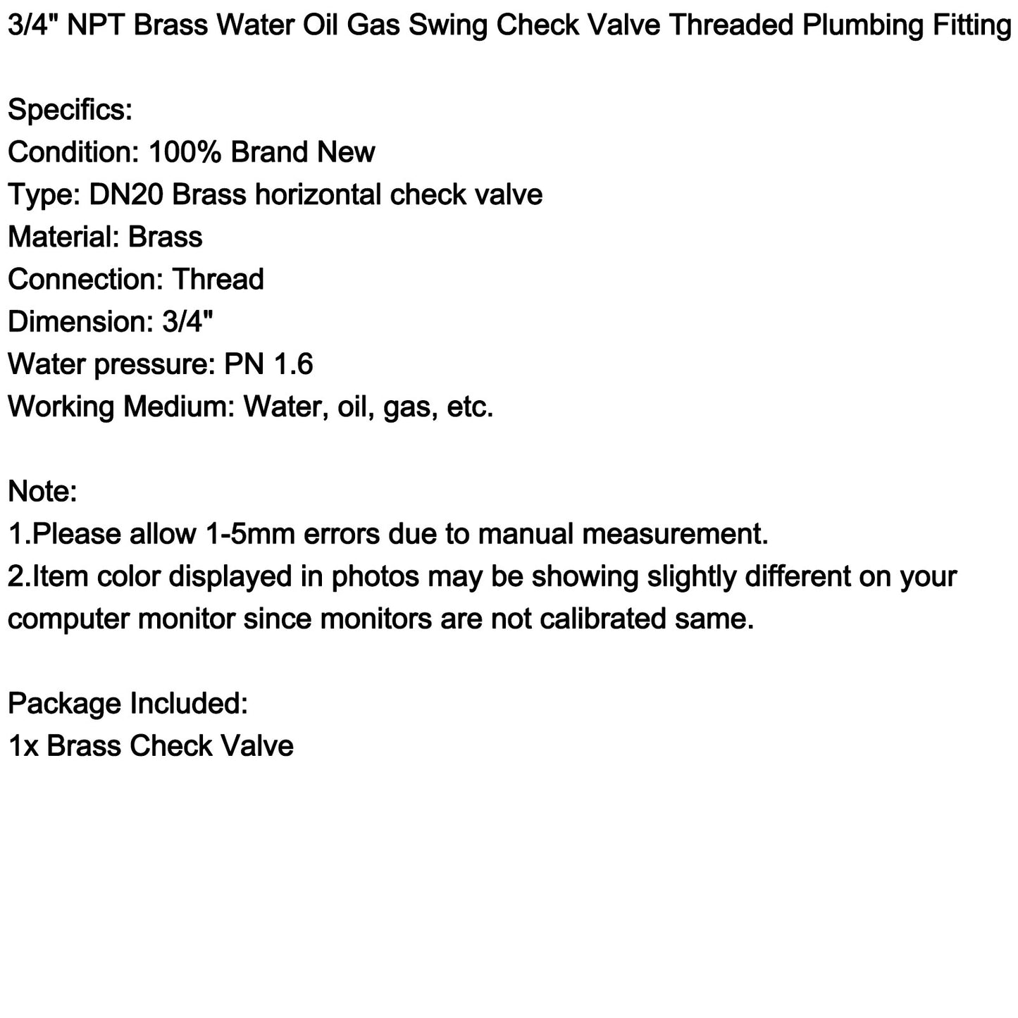 3/4" Female Thread Brass Horizontal DN20 One-Way Non-Return Swing Check Valve.