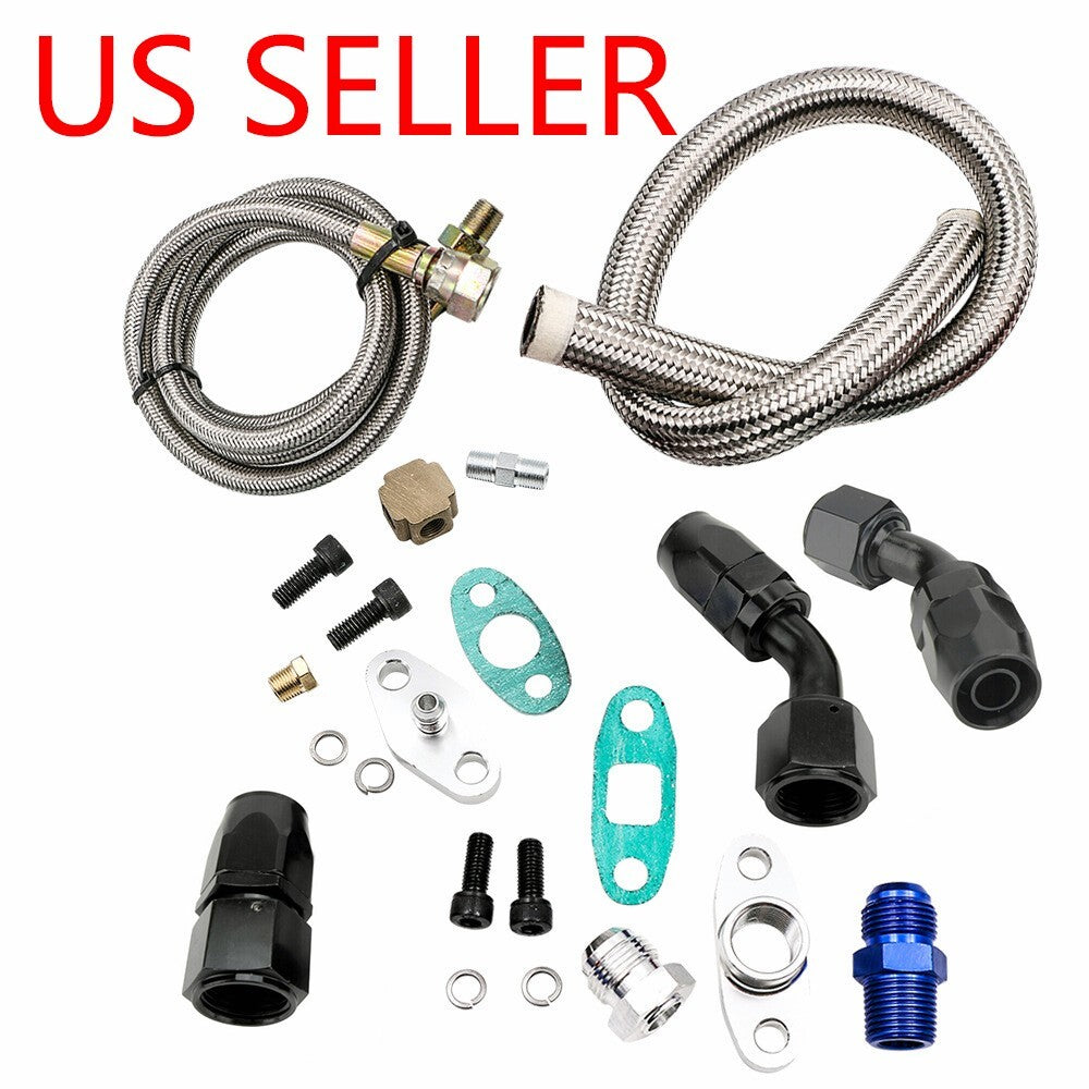 Universal Turbo Oil Line Feed Kit + Return Drain Flange T3 T4 T04E Oil Pan Plug