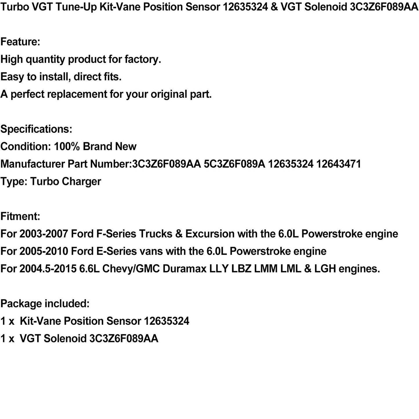 Turbo VGT Tune-Up Kit-Vane Position Sensor 12635324 & VGT Solenoid 3C3Z6F089AA U