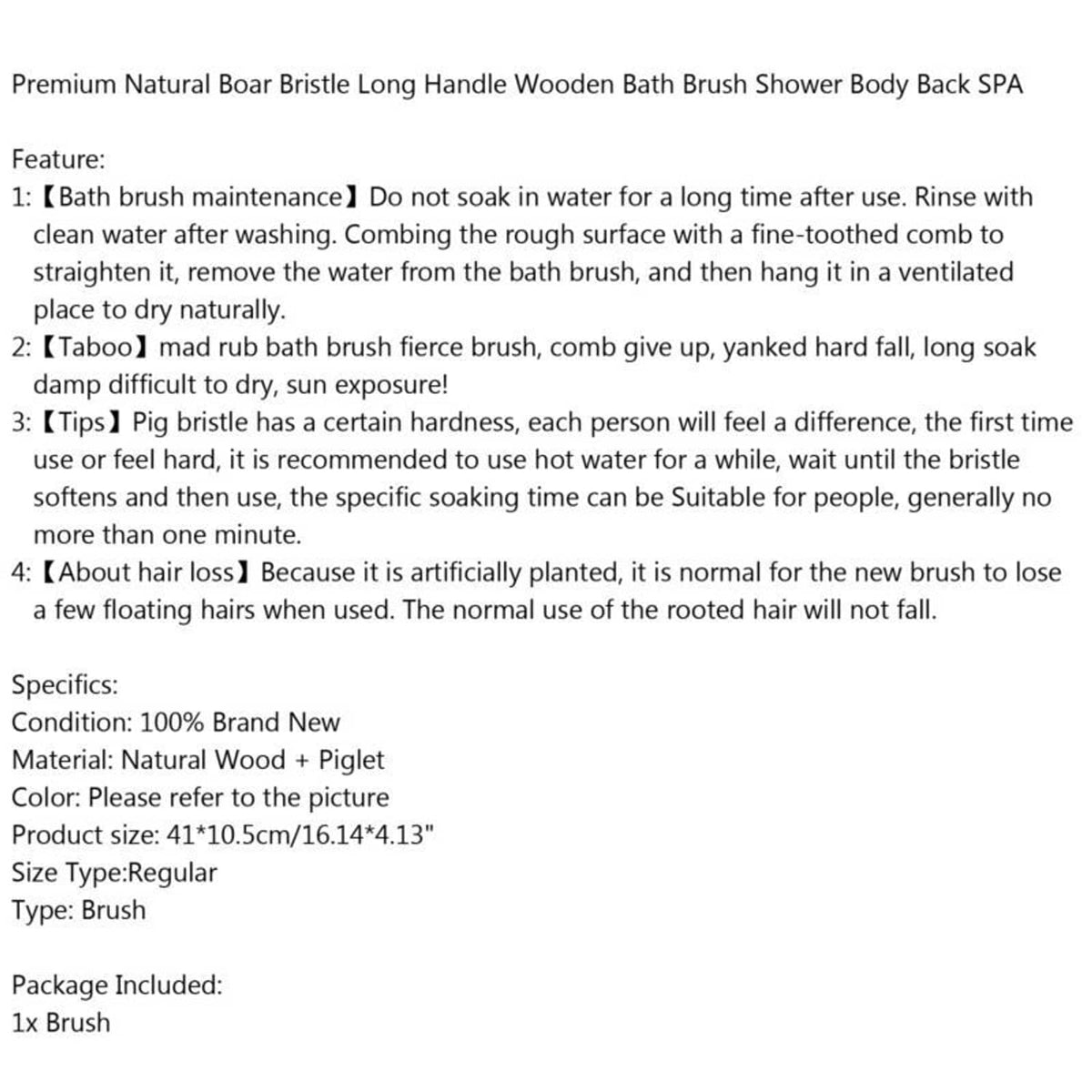 Solid Spare Premium Natural Boar Bristle Long Handle Wooden Bath Brush Shower Back SPA