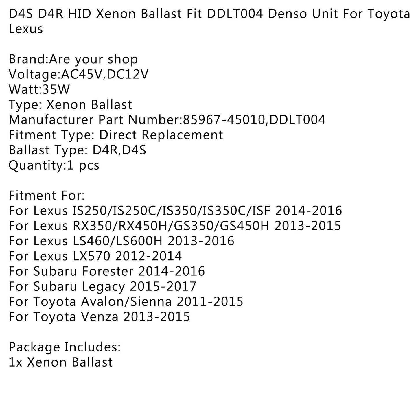 D4S D4R HID Xenon Ballast Fit DDLT004 Unit For Toyota Lexus