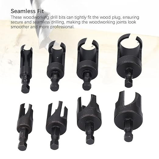 8Pcs Wood Plug Cutter Straight & Tapered Taper Drill Bit Set 1/4 Inch Hex Shank