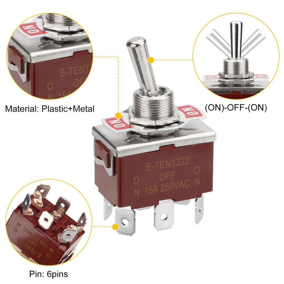 3X Heavy Duty DPDT ON/OFF/ON Toggle Switch 20A 125V/15A 250V Screw Terminals