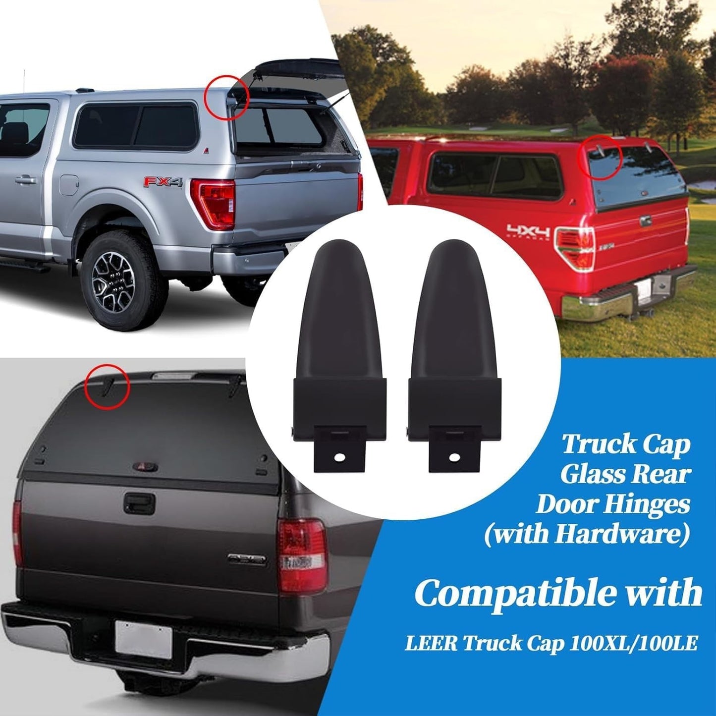2 All Glass Rear Door Hinges with Hardware 103528-100XL/100LE for LEER Truck Cap