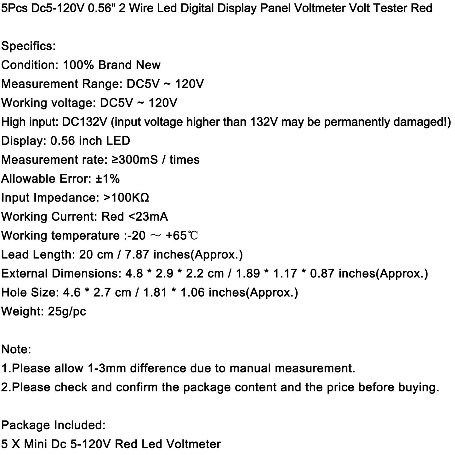 5Pcs Dc 5-120V Voltmeter Red Led Panel 3-Digital Display Volt Meter 2-Wire NEW