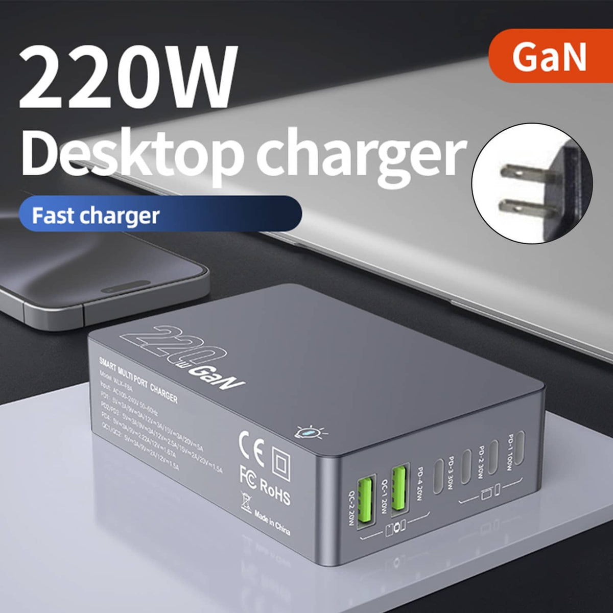 Solid Spare F8A Charging Station USB 6-Port Fast Charger PD100W Charging Stand Smart Charger