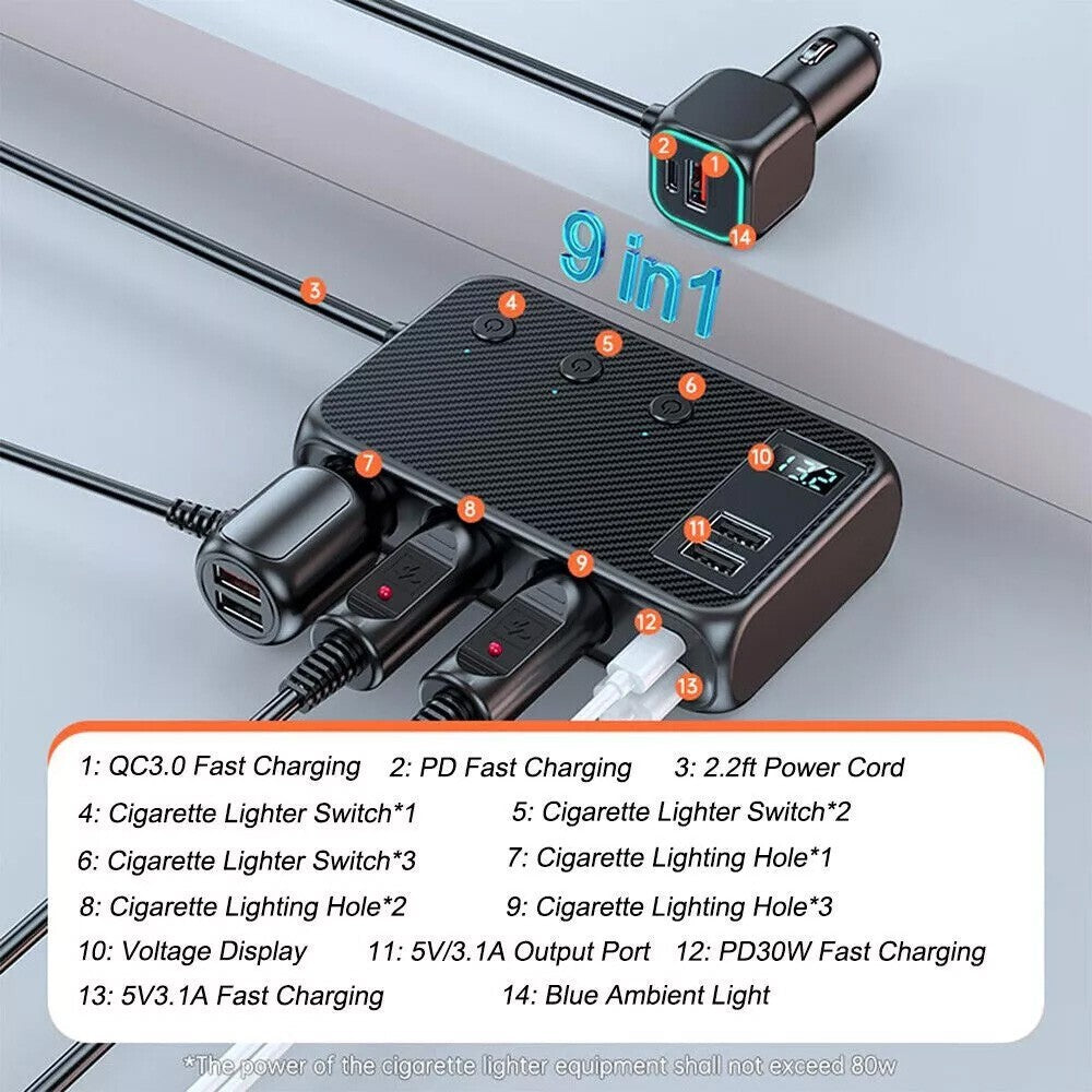 9in1 Multi Car Cigarette Lighter Socket Splitter USB C Plug Fast Charger Adapter