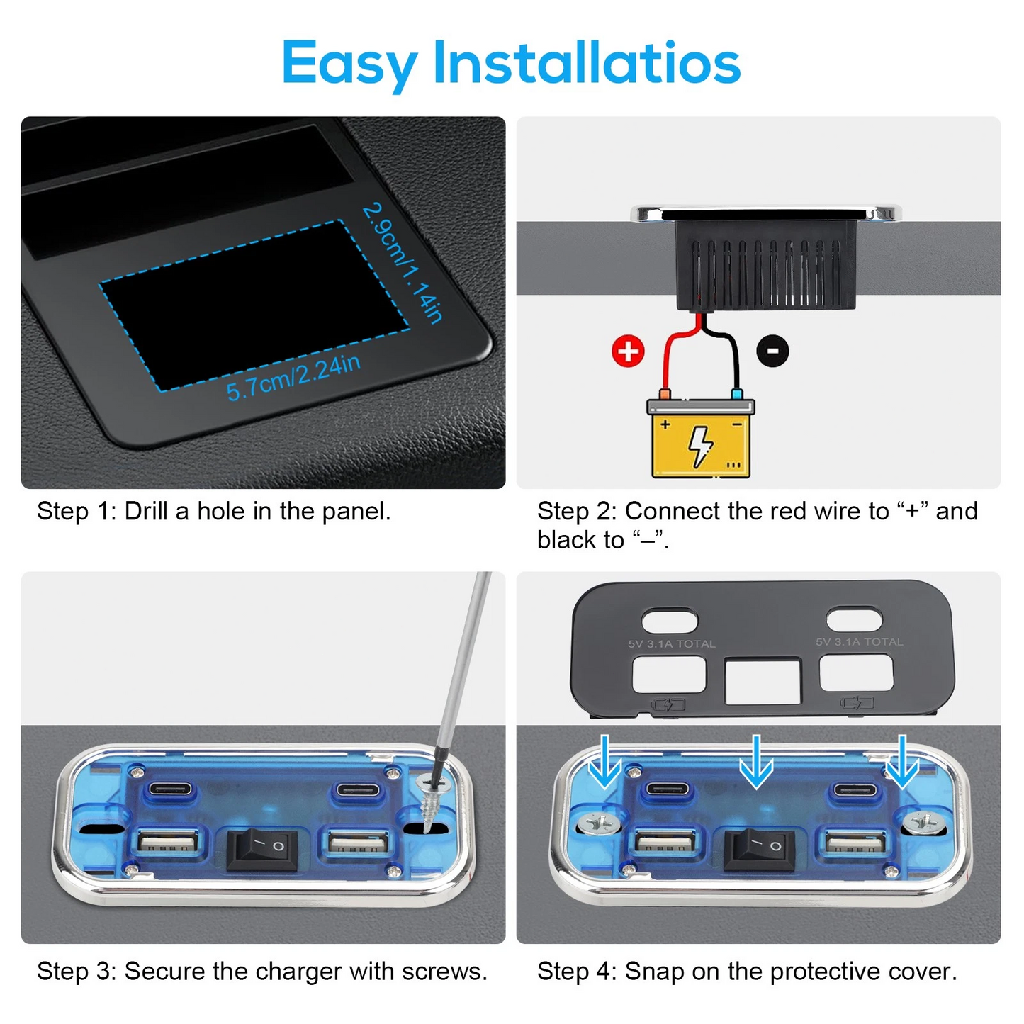 2pcs RV USB Outlet Dual USB A & USB C Ports Car Charger Socket Panel Boat Marine