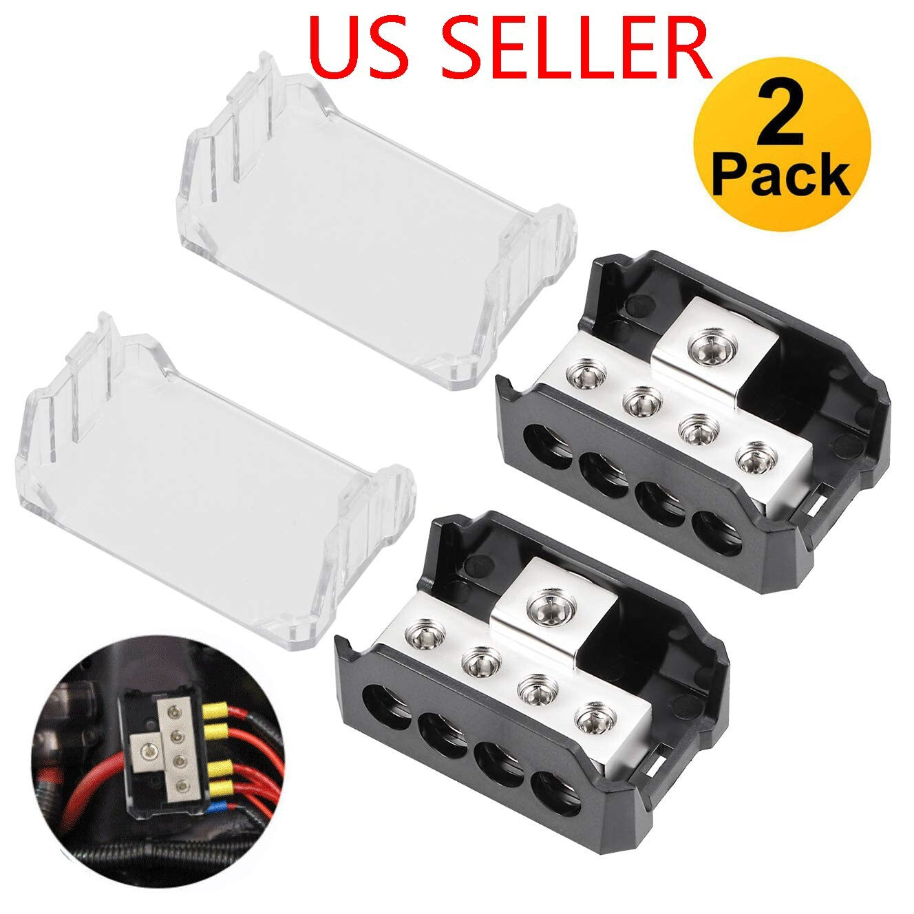 2PCS 1/0 Gauge Input to 2 x 1/0 Gauge Output Power/Ground Distribution Block Set