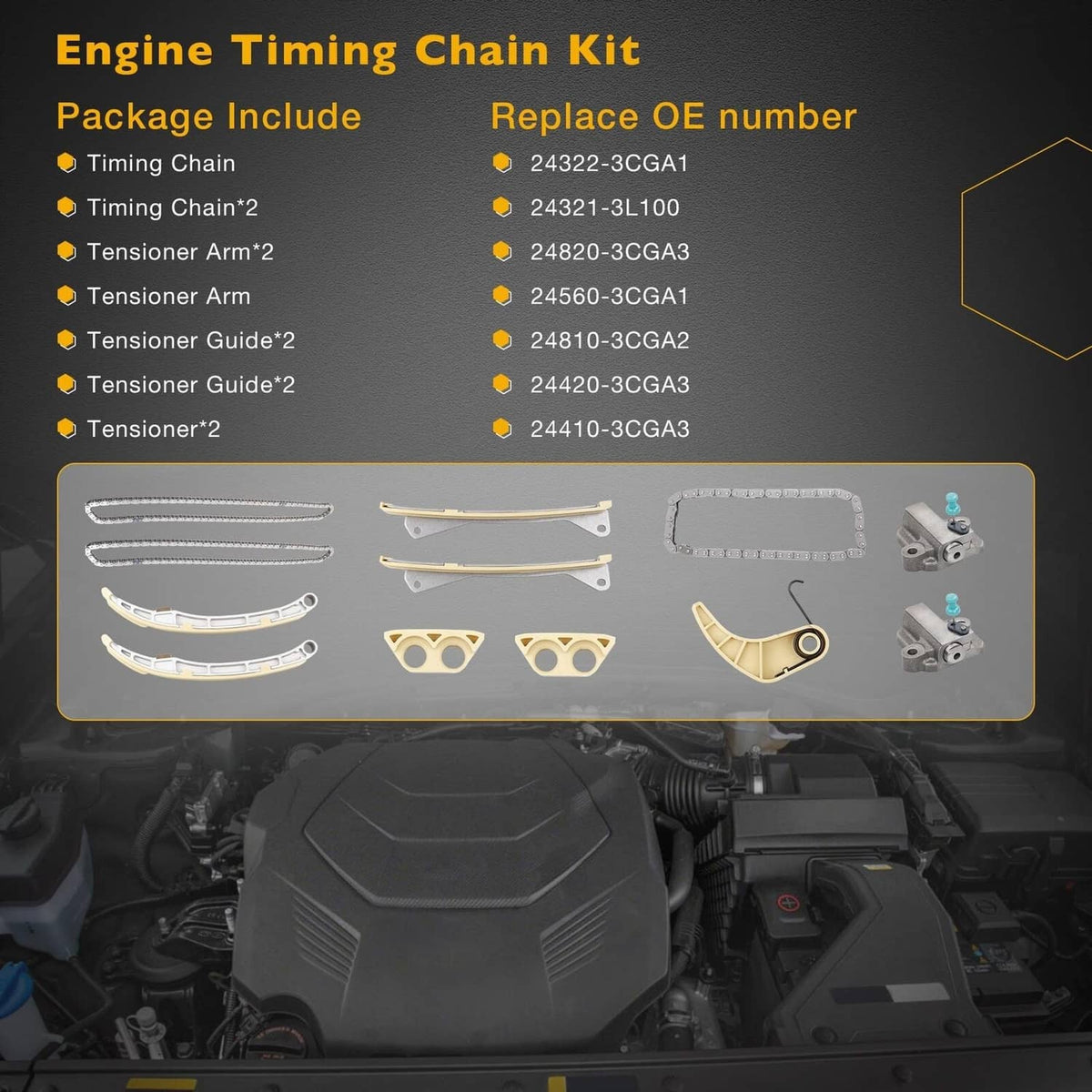 Solid Spare Engine Timing Chain Kit For 2009-22 Hyundai Santa Fe Sorento Azera Kia 3.3L 3.8L