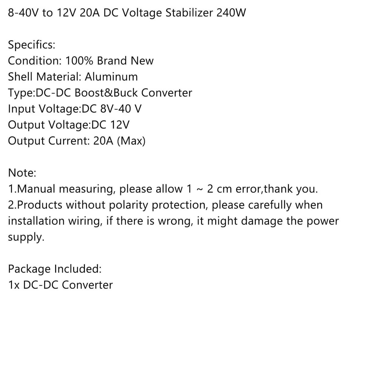 Solid Spare 8-40V to 12V 20A DC Voltage Stabilizer Car Power Supply Regulator Waterproof