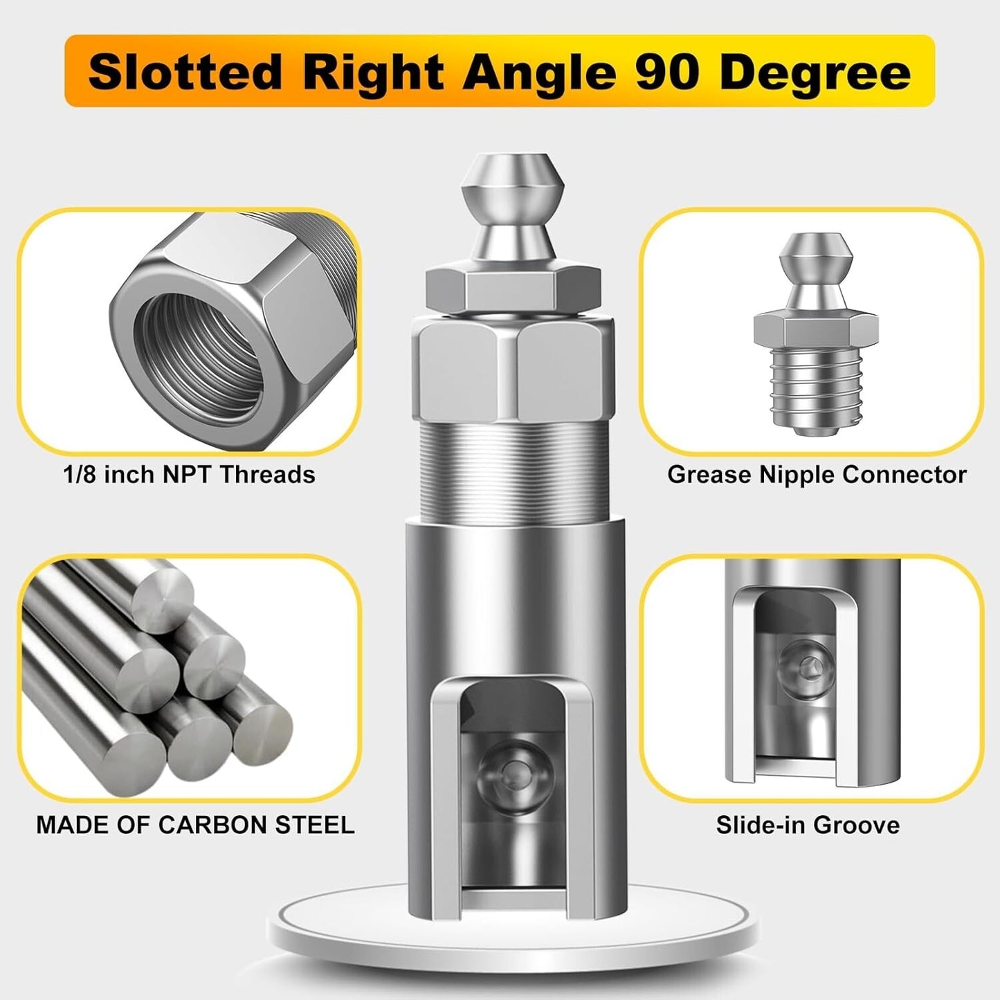 Slotted Right Angle 90 Degree Grease Gun Coupler 1/8Inch NPT Threads w/ 12" Hose