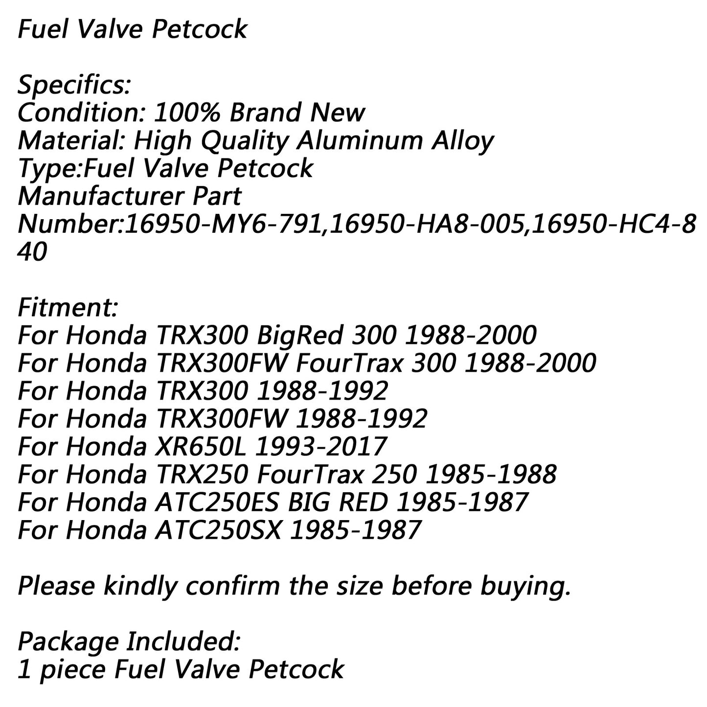 Gas Fuel Petrol Valve Petcock For Honda TRX300 250 XR650L B5C250 16950-MY6-791