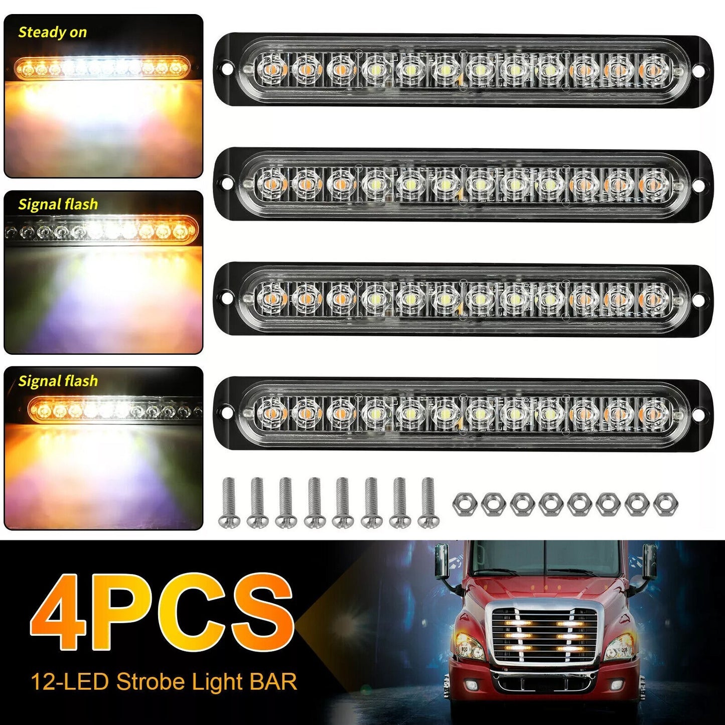 4 PCs Amber(3LEDs)/White(6LEDs)/Amber(3LEDs) Car Truck Light Bar Flashing Lamps