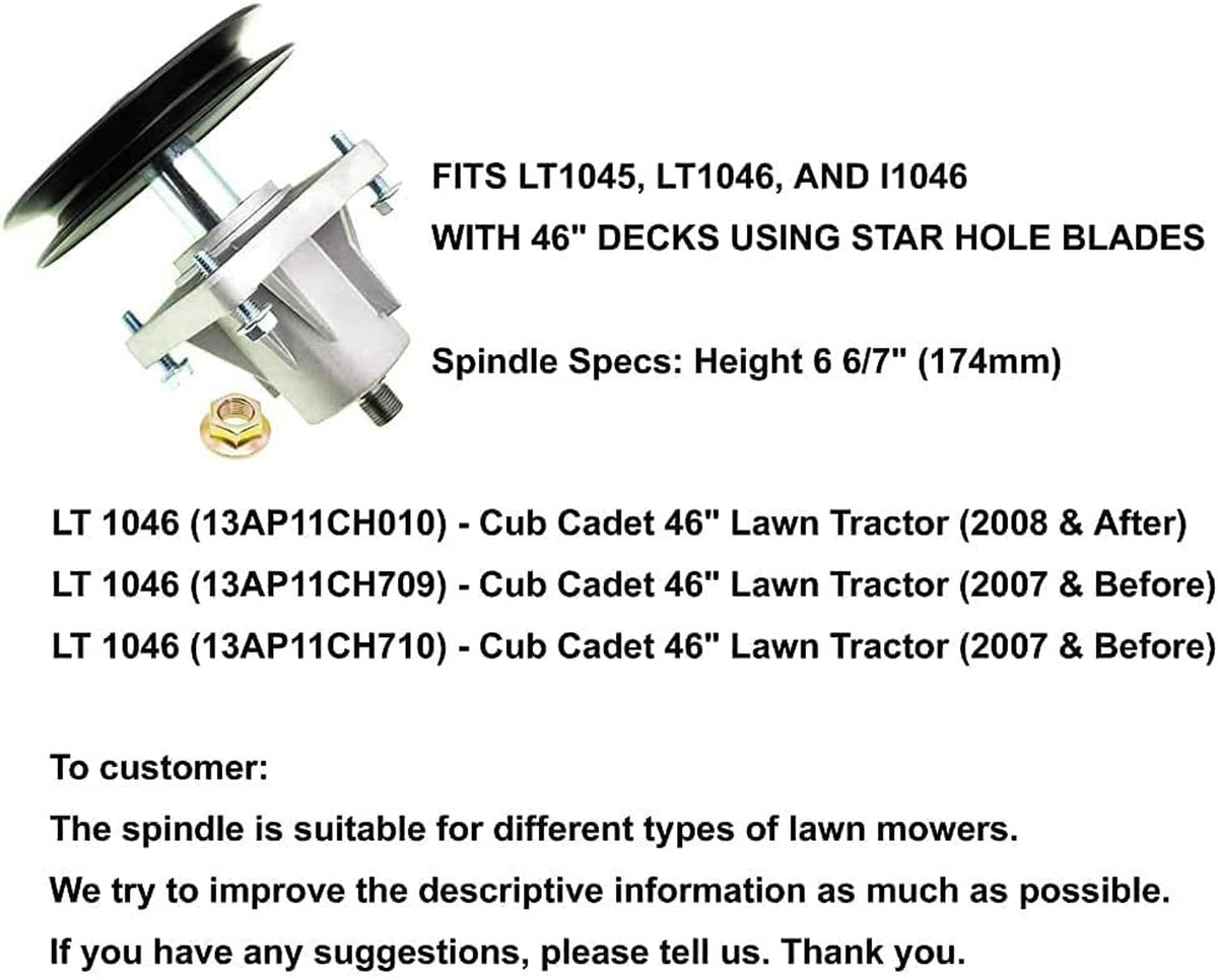 Solid Spare SPINDLE ASSEMBLY CUB CADET 618-0625B 618-0660 918-0625B 918-0660 LT1045 LT1046